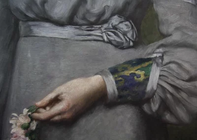 Detailaufnahme eines Öl-Gemäldes auf Leinwand zeigt Hand mit Blumen